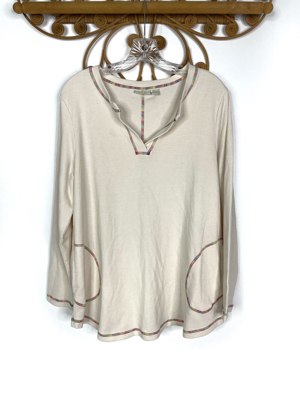 LOGO Lounge Long Sleeve Waffle Contrast Rainbow Stitch Tunic Ivory L